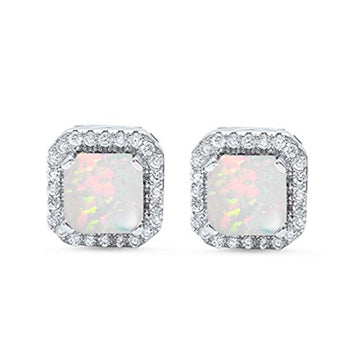 Halo Stud Earrings Wedding Princess Cut Lab Created White Opal Solid 925 Sterling Silver